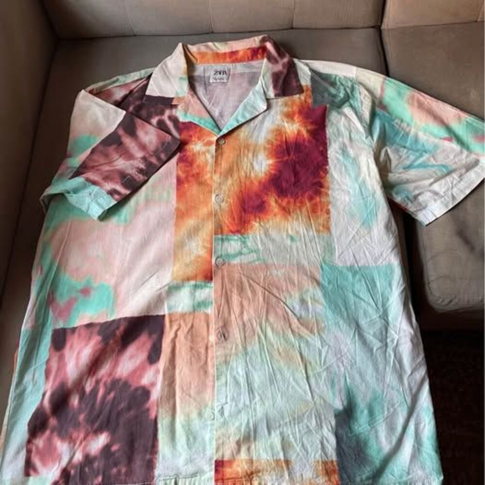 Zara Men’s Abstract Print Camp Collar Short Sleeve Button Shirt Size L